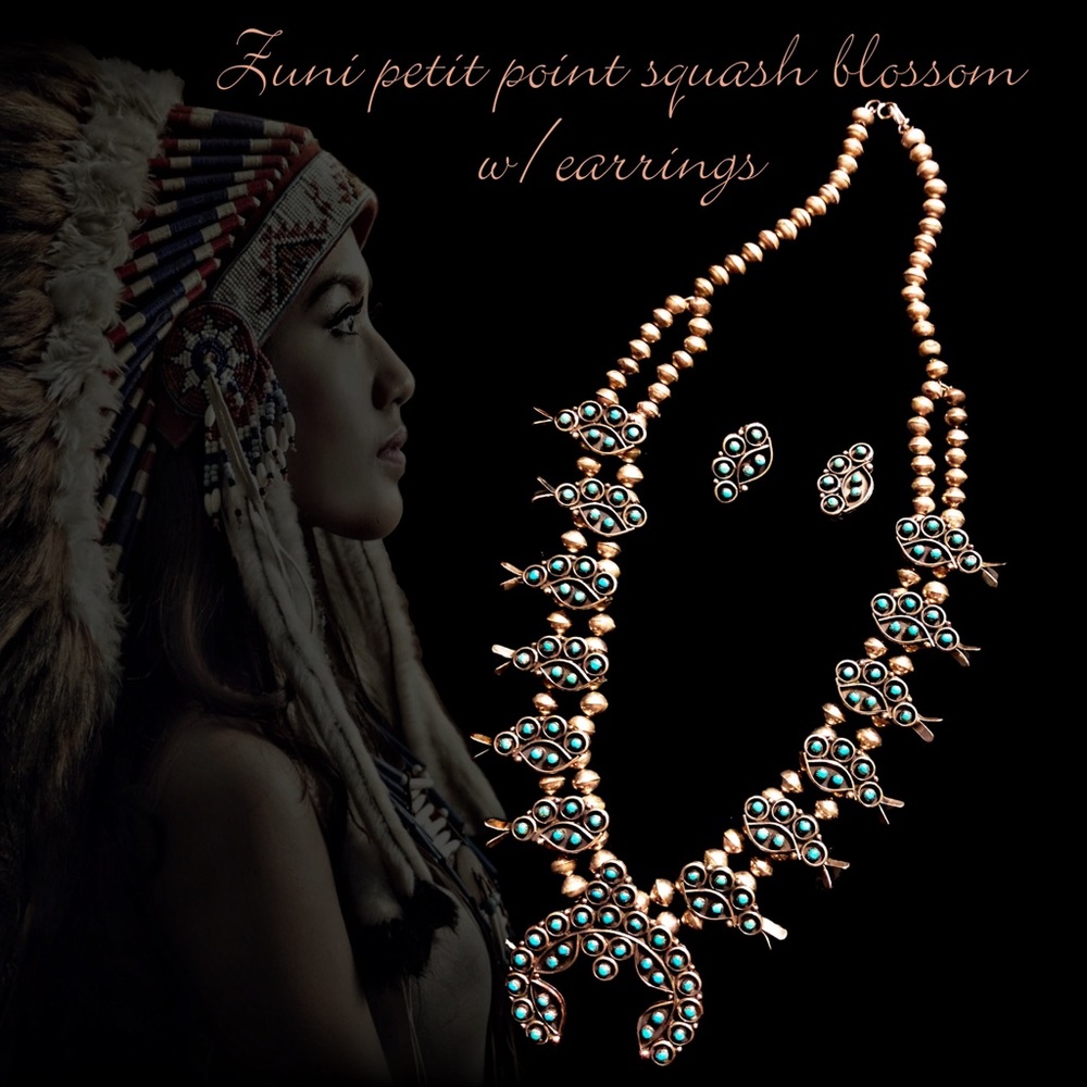 Vintage Zuni petit point squash blossom w/earrings